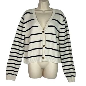 La Ligne Cashmere Cardigan XL Ivory Black Stripe Button Front Luxury Soft Knit